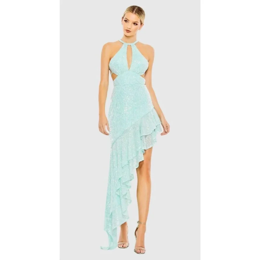 Mac Duggal A11274‎ Aqua Sequined Halter Cut Out Ruffle Asymmetrical Dress Size 8
